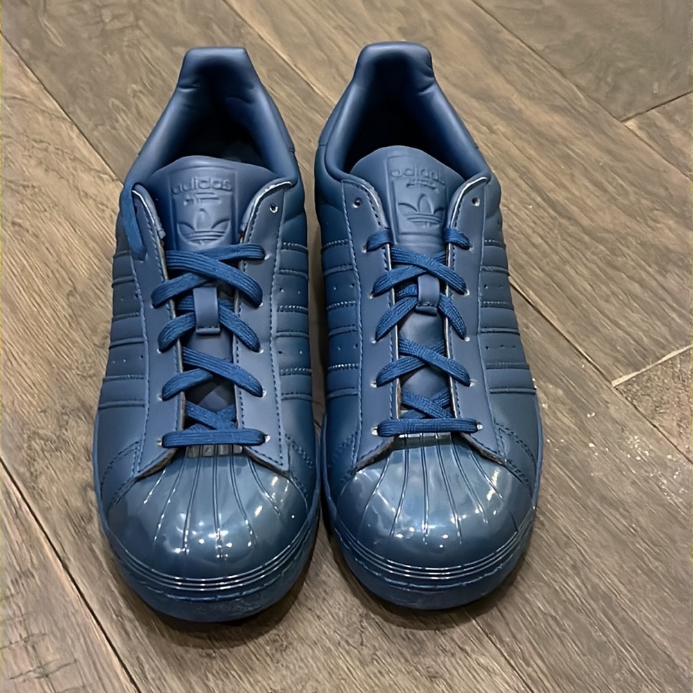 Adidas Superstar Glossy Toe leather Shoes Sneakers new blue S76723 Women’s Sizes - Picture 4 of 14